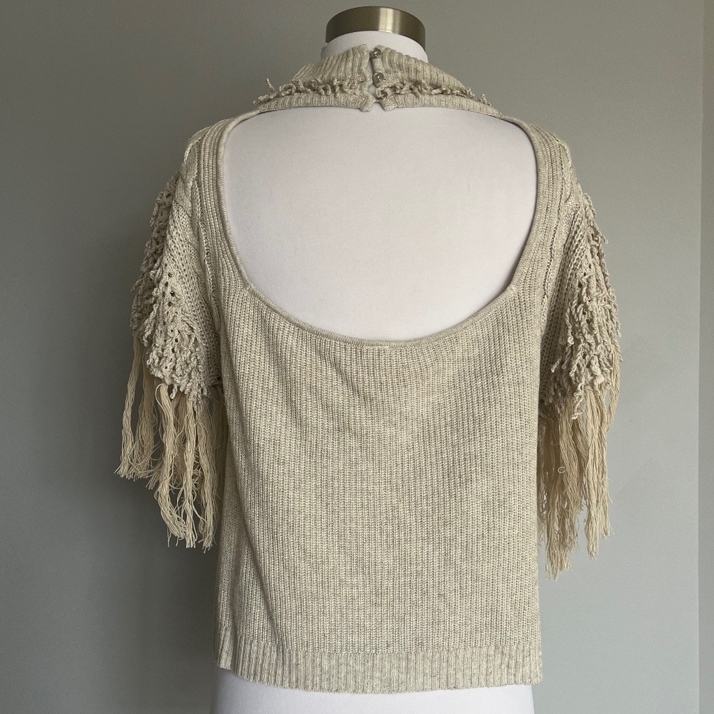Anthropologie Aphrodite Fringe Embellished Embroidered Open Back Tee Top Sweater - Picture 4 of 11